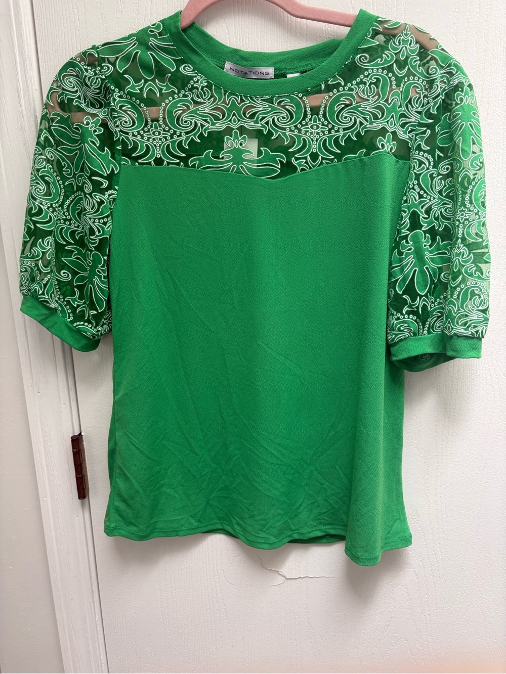 Notations Emerald Green Lace Yoke Short Sleeve Top